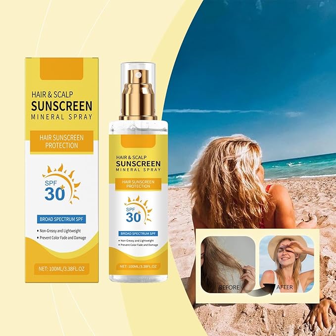 Hair & Scalp Sunscreen Spray SPF 30 Non-Greasy - UV Protection for Color-Treated Hair, Travel-Size Scalp Sunblock Prevents Fading & Dryness, Beach Pool Essential for All Hair Types 3.38oz (3)