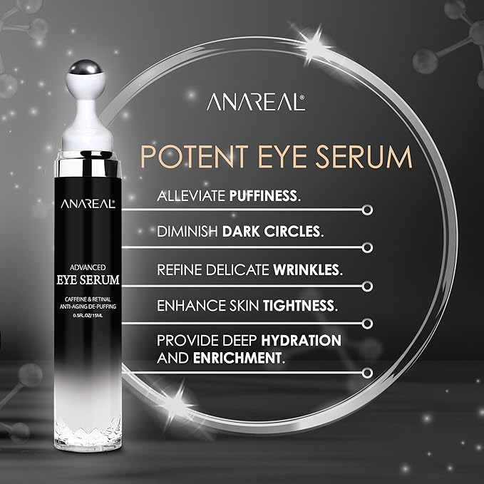 ANAREAL Eye Bags Treatment for Men and Women : Caffeine Under Eye Cream for Dark Circles & Puffiness - 360° Eye Roller for Puffy Eyes