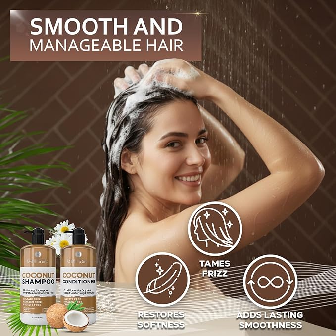 Coconut Shampoo and Conditioner Set - Sulfate Free, Deep Moisturizing, Hydrating, Anti Frizz Formula for Women and Men - Professional Salon Grade - Dry, Damaged Hair Care Products 16 Fl Oz (Set of 2)