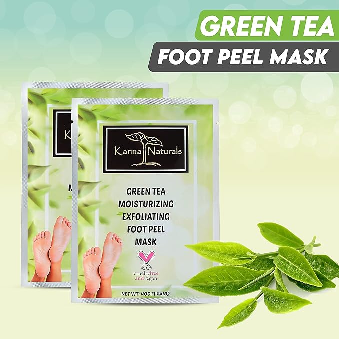 Foot Peel Mask Green Tea Moisturizing Exfoliating Foot Masks - Karma Organic Feet Peeling Masks for Dry ed Feet, Remove Dead Skin & Calluses - Removes & Repairs Rough Heels, Dry Toe Skin (Pack of 2)