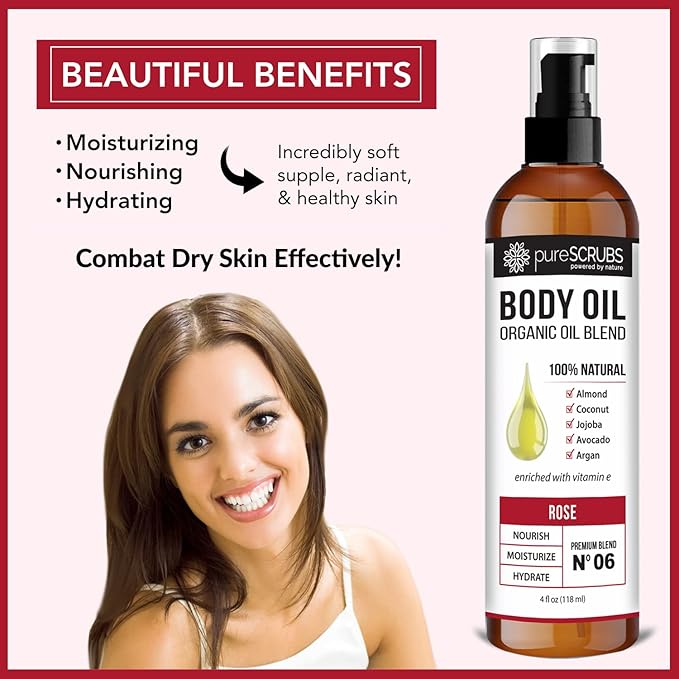 pureSCRUBS Ultra Moisturizing Rose Body Oil Spray For Dry Skin, Massage, Cuticles & More, Organic Super Blend of Jojoba, Argan, Coconut, Sweet Almond & Avocado Oils Enriched with Vitamin E, Lg 4oz