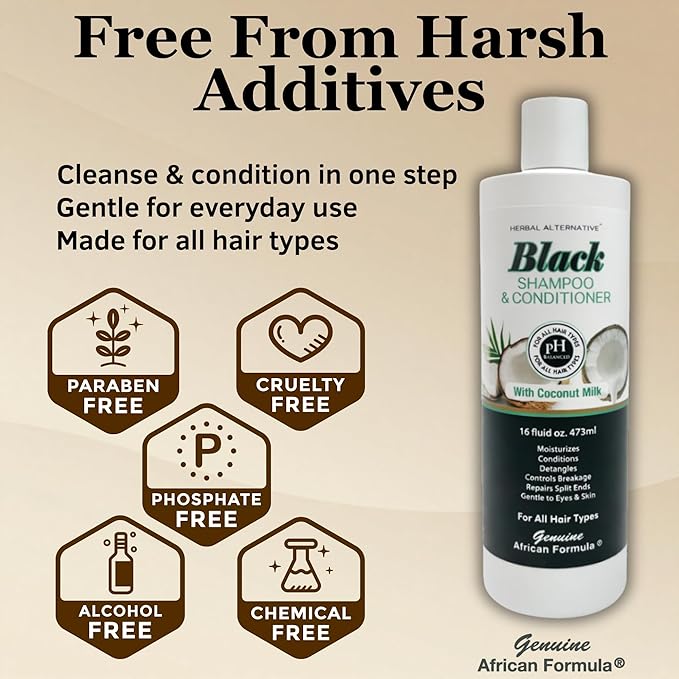 Black Shampoo & Conditioner with Coconut Milk | 2-in-1 Moisturizing Shampoo & Conditioner for Dry, Itchy, or Damaged Hair | Shea Butter, Keratin & Vitamin E | Hydrates, Smooths Frizz, Adds Shine, 16oz