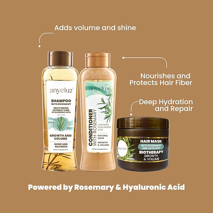ANYELUZ Rosemary Shampoo, Conditioner and Hair Mask set, with Hyaluronic Acid and Rosemary, with Natural Extracts for All Hair Types