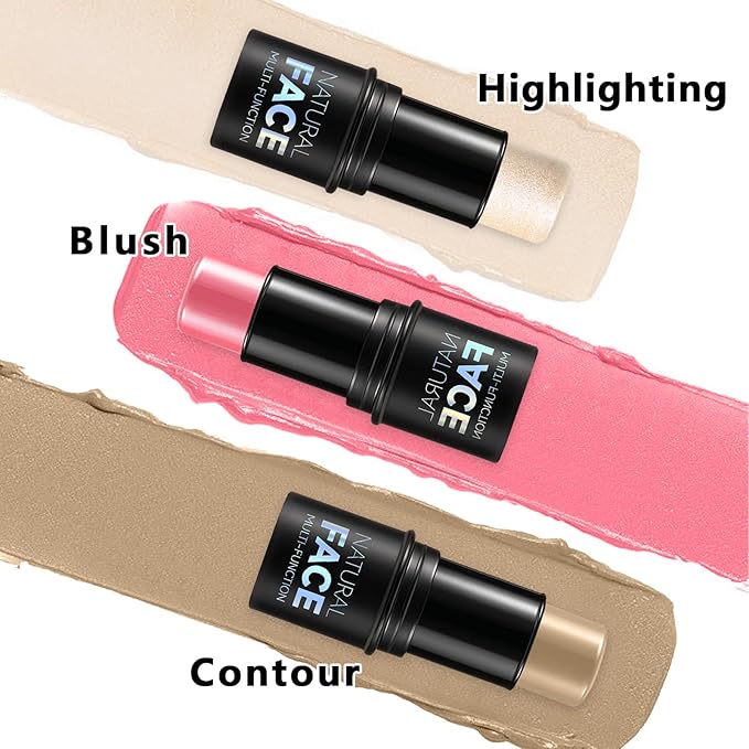 3Pcs Cream Contour Stick Makeup Kit, Shades with Highlighter, Blush and Bronzer Contour Stick for Sculpt the Cheeks, Long Lasting, Waterproof, Matte & Dewy Finish (E)