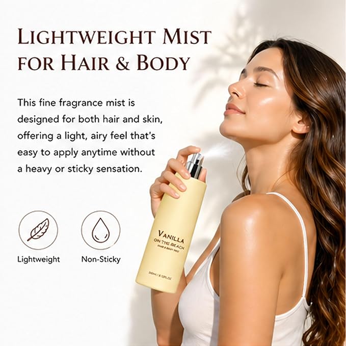 Vanilla on the Beach Hair and Body Mist, Warm Vanilla Coconut Fragrance Spray, Natural Vanillas & Beachscent, Long-Lasting Fresh Fragran (1Pcs)