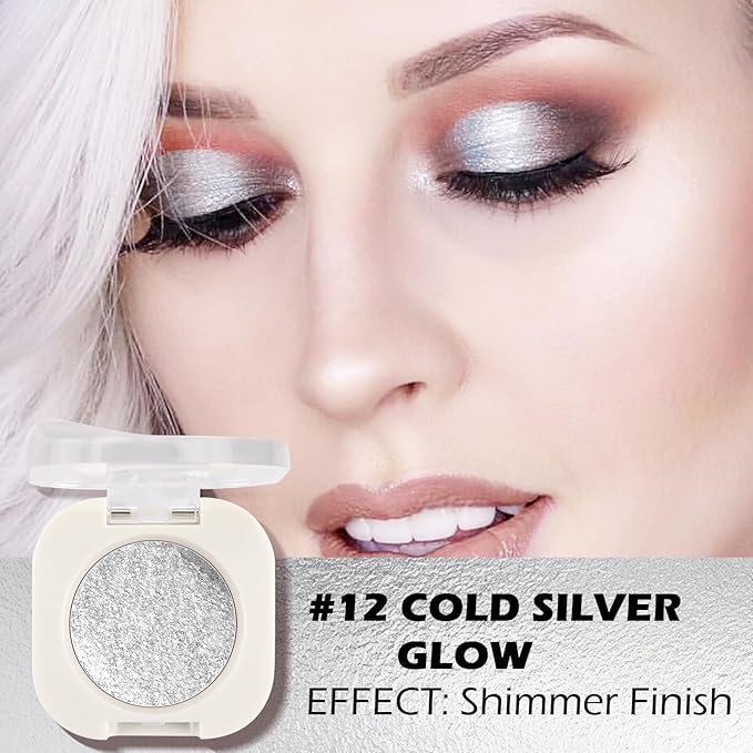 Cold Silver Glow Eyeshadow with Brush, Single Glitter Mini Eye shadow Palette, Silky Fine Subtle Shimmer for Old Women, Lightweight & Ultra-Blendable Formula for Daily Eye Glitter Makeup Kit (#12)