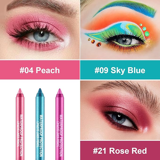 LemonSac 3 Colorful Eyeliner Pen Set, Eye Shadow Pencil, Pearl Eyeliner Kit Metallic Glitter Eye liner Pencil for Women Eye&Lip Liner Professional Eye Makeup Set Colorful Eye Color (3PCS B)