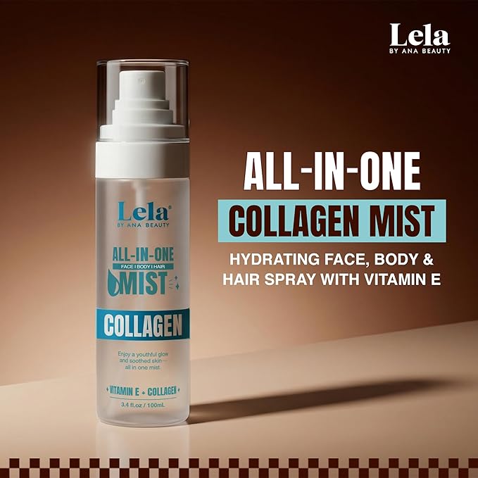 Lela Beauty All-In-One Collagen Mist Hydrating Face, Body & Hair Spray with Vitamin E - Lightweight Travel Size Formula with Cooling Facial Mist for Glow & Refreshed Skin - 3.4fl oz