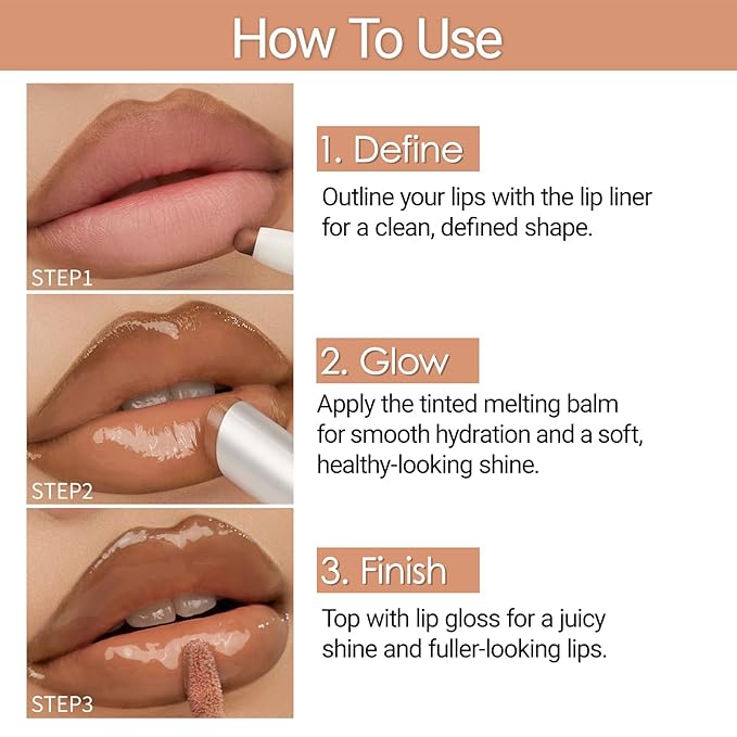 Erinde 3PCS Lip Combo Set, Nude Lip Kits with Lip Liner, Hydrating Balm Lipstick & Plumping Glossy Gloss, Long-Lasting, Lightweight, Non-Sticky, Juicy Lip Contour Trio Set for Women, 02 Caramel Brown