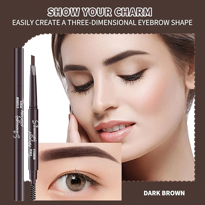 12pcs Dark Brown Waterproof Eyebrow Pencils for Women, Retractable Dual-End Eye Brow Pencil with Brush, Triangular Tip Design, Easier to Define and Fill in Eyebrows for Natural Brow Shape