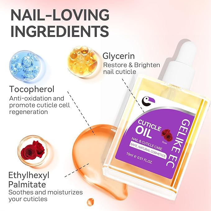 gelike ec Nail Cuticle Oil - Rose Scent Dual Color Nail Moisturizing With Natural Jojoba Vitamin B & E for Nail Bed ＆ Damaged Nails Repair Treatment - Cuticle Cream for Nail Growth and Strength