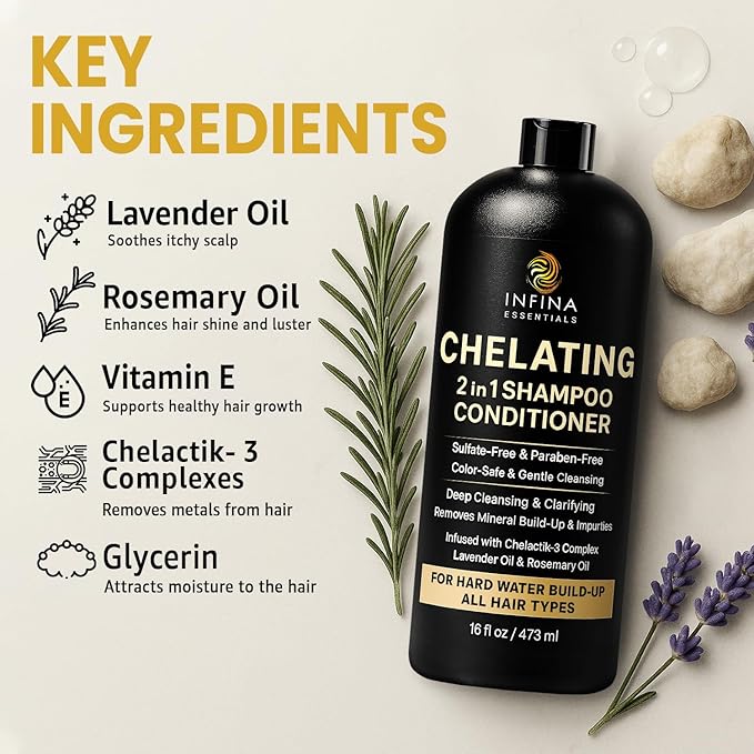 INFINA ESSENTIALS Hard Water Shampoo and Conditioner 2-in-1 | Chelating Cleanser for Mineral Buildup Removal | Sulfate-Free, Color Safe | Chelactik-3 Complex, Rosemary Oil & Vitamin E | 16 fl oz