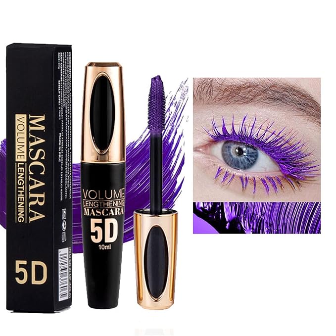 Purple Colored Waterproof Mascara - Long Lasting, Thick, 5D Silk Fiber, SmudgeProof, Volumizing, Lengthening, Curling, Washable, Party & Stage Use