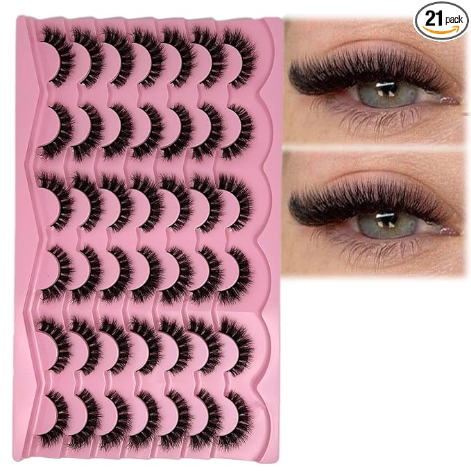 Short Fluffy Lashes Cat Eye 21 Pairs Natural False Strips Lashes Pack Wispy 3D Faux Mink Eyelashes