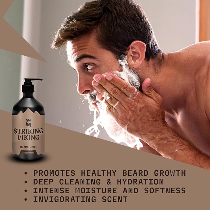 Striking Viking Sandalwood Beard Wash/Shampoo for Men - 17 Oz, Paraben & Sulfate Free, Jojobal Oil for all Beard Types - Promotes Healthy Growth & Moisturizes