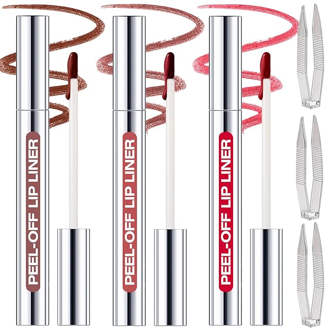 3 Colors Peel Off Lip Liner Stain Kit, Long Lasting Waterproof Lip Tint Stains Makeup Set with Matte Finish for Women, Natural Look, Easy to Use, for All Skin Types, Tweezer Include (#2,3,6)