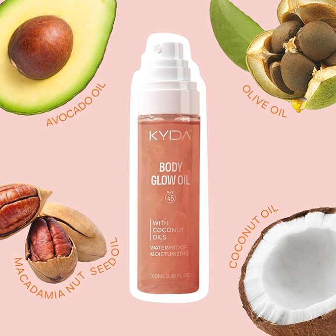 KYDA Travel Size Sunscreen, SPF 45 Body Glow Oil with Sequin Mica, Lightweight Moisturizing Coconuts Sunscreen SPF Glow Oil, Sun-kissed Shimmer Body Lotion, Water Resistant, 3.38 fl oz, ROSE