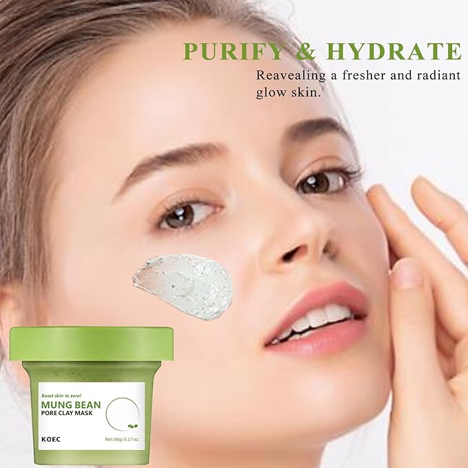 TEEROVA Mung Bean Pore Clay Mask, Fragrance Free Wash Off Mask for Blackhead & Whitehead, Gently Exfoliate Cleanse and Tighten Pores, 3.17 oz.