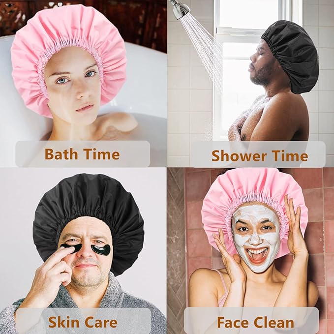 Adjustable Shower Caps for Women Reusable Waterproof Satin Lining Large Shower Cap for Women and Men Long Hair Braids Curly Hair (L,Pink/Pink)