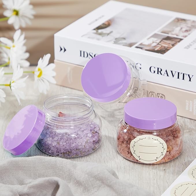 Tessco for you 24 Pack Plastic Jars with Lids Labels Multiuse Slime Containers Empty Body Scrub Jars Round Refillable Cosmetic Body Butter Container for Makeup (8 oz,Purple)
