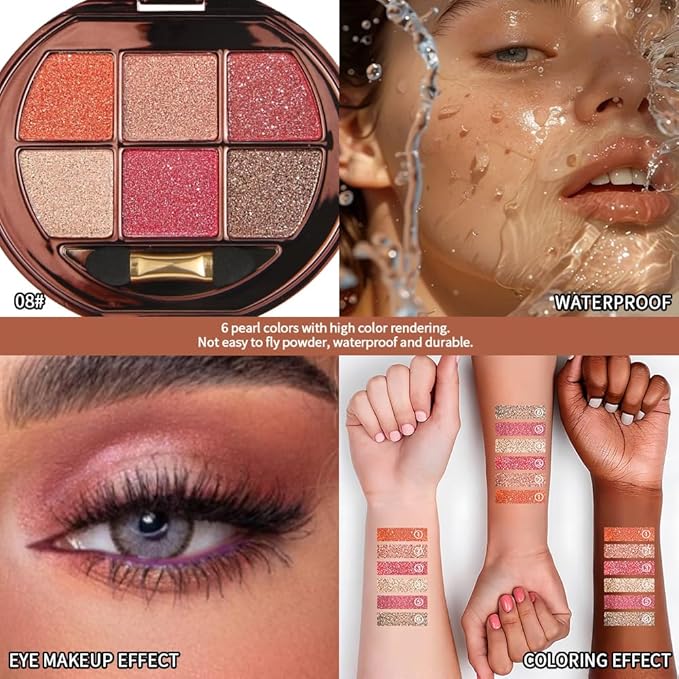 Coral Pink Shimmer Eyeshadow Palette, 6 Color High Pigment Blendable Glitter Eye Shadow Makeup for Older Women, Lightweight Travel Friendly, Suitable for All Eye Shapes, Fresh Daily Glam Look 08#