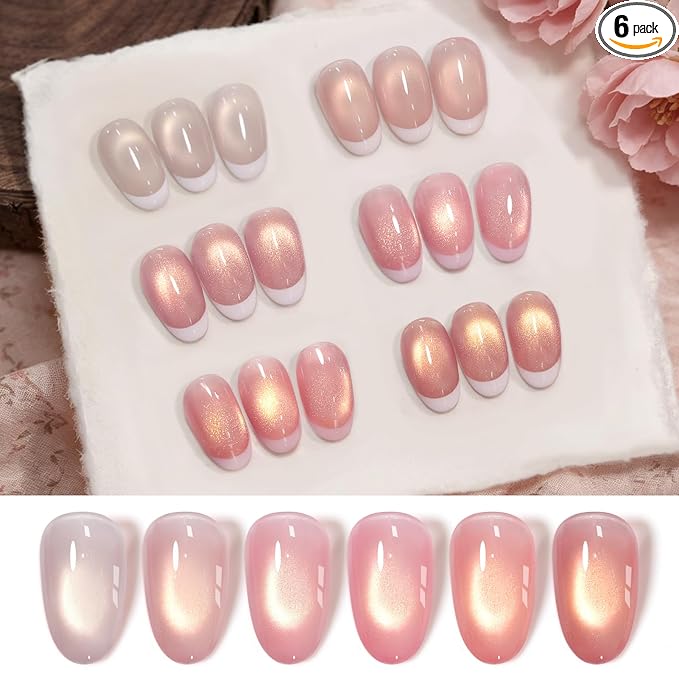 Born Pretty Glass Soft Pink Cat Magnetic Eye Gel Nail Polish, Jelly Nude Pink Gold Glitter Crystal Magnetic Shimmer Nail Polish Salon Gel Manicure and Nail Art DIY at Home 7ML 6PCS