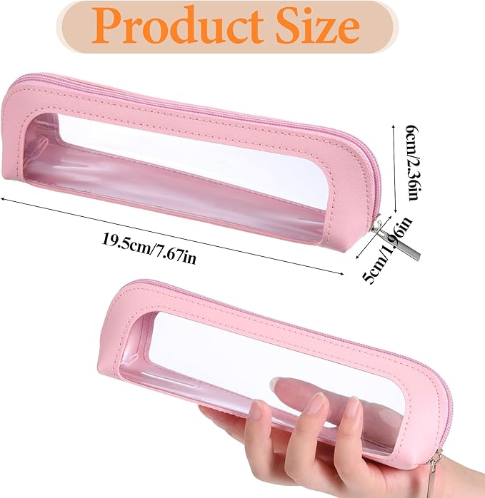 Psyqtsuary Small Clear Makeup Bag, PU Leather Travel Makeup Brush Bag Portable Transparent Waterproof Cosmetic Organizer Pouch with Zipper for Women Home Travel Office Cosmetic Storage (Pink)