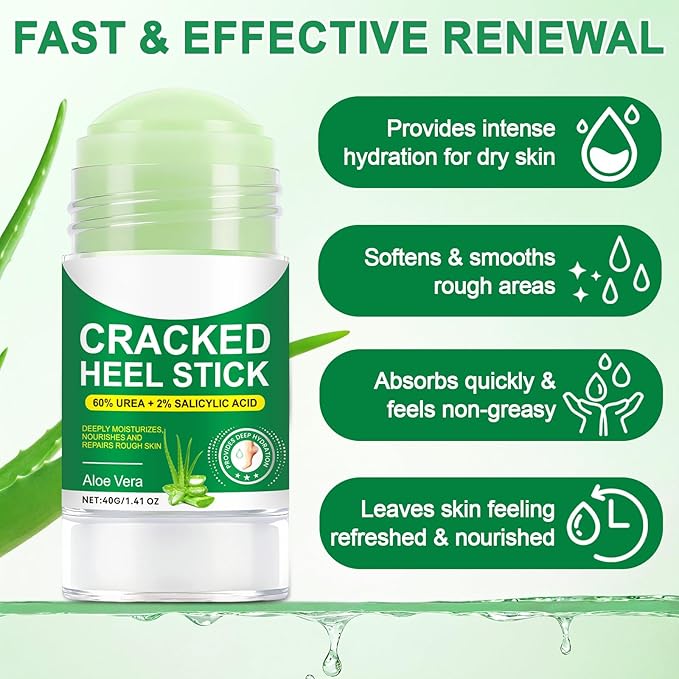 60% Urea Cream with 2% Salicylic Acid & Aloe vera Cracked Heel Stick, Long-lasting Moisture, Repair Cracked Heels, Deep Moisturizing Heel Balm with Aloe Vera, Coconut Oil, Tea Tree Oil, 1.41 oz / 2PCS