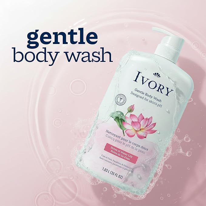Ivory Body Wash, Designed for the Whole Family, Gentle Formula, Free of Dyes Heavy Perfumes Parabens Phthalates & Silicones, Designed for Skin's pH, Water Lily Scent, 35 oz