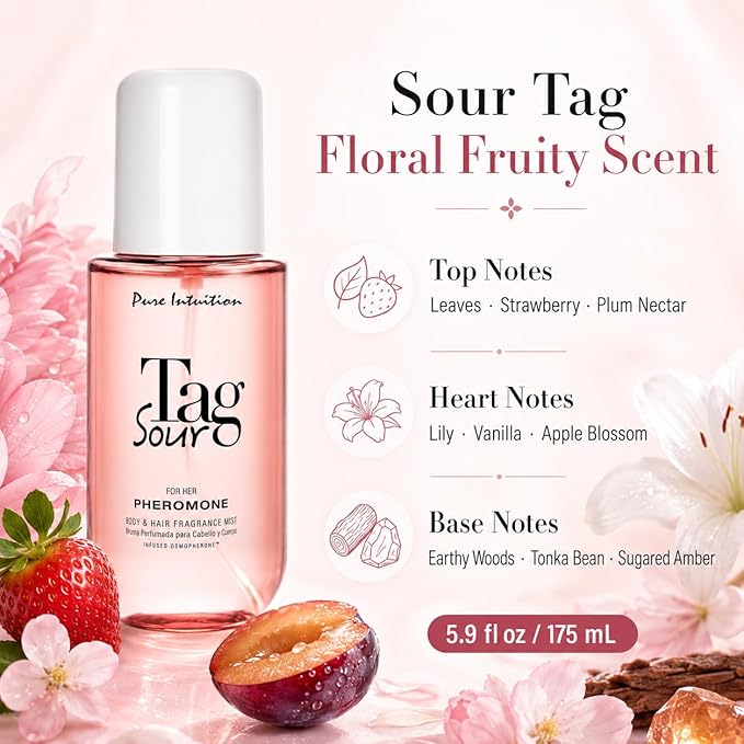 Pheromone Body Spray for Women, Sour Tag Hair & Body Fragrance Mist for Her, Floral Fruity Hair Pheromone Spray with Osmopherone, Lightweight Daily Refresh Mist, 5.9 fl oz / 175 mL