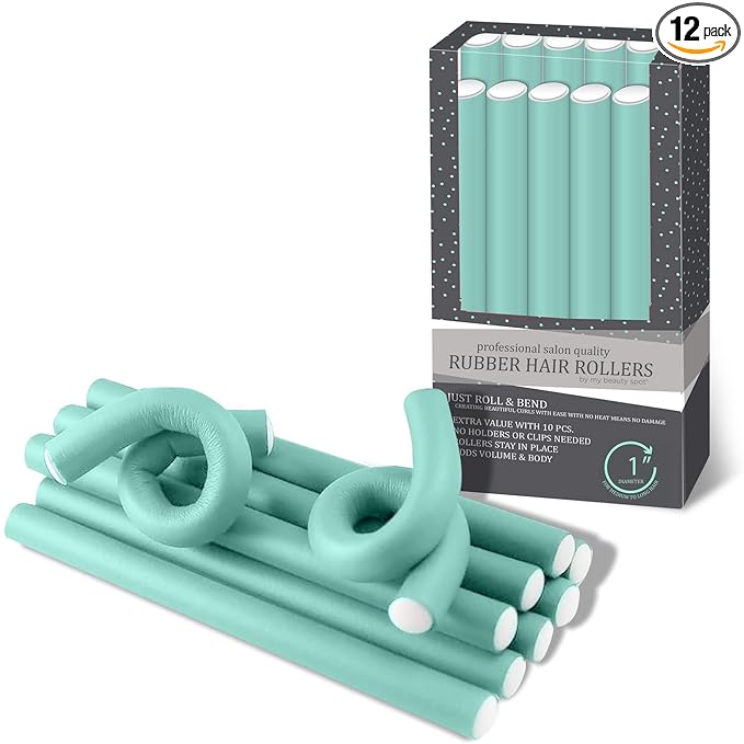My Beauty Spot Flexi Rods Foam Hair Rollers 1" Diameter Professional Salon Quality 10 Pcs Rubber Hair Rollers for Long, Medium and Short Hair (Blue)