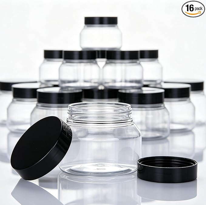16 Pack 8 Oz Plastic Jars with Black Lids, BPA Free Empty Body Scrub Containers, Round Clear Samples Jars for Sugar Scrub, Lotion, Body Butter, Cream
