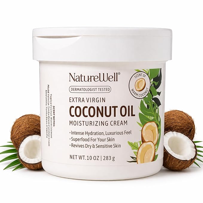 NATURE WELL Coconut Oil Moisturizing Cream for Dry Skin – Deep Hydration Lotion for Face, Body & Hands, Spa Quality Skincare, Softens & Smooths, Non-Greasy, Fast Absorbing, Vitamins A C E, 10 Oz