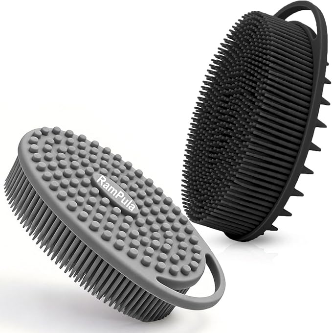 RamPula Silicone Body Scrubber, Silicone Loofah, Bath Cleaning Scrubber, Shower Sponge Glove, Exfoliating Body Brush for Wet or Dry Brushing, More Hygienic Than Traditional Loofah (Black and Grey)