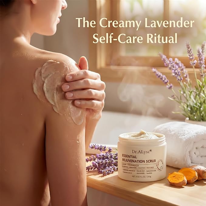 Essence Revitalizing Scrub with Turmeric Glycolic Acid Niacinamide Treatment for Sensitive Skin Gentle, Creamy Lavender Scrub, Cleanses, Soothes, Repair Face & Body 4-in-1, 8.8oz
