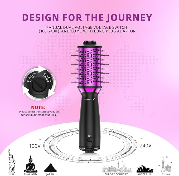 DORISILK Small Dual Voltage Blow Dryer Brush,4 in 1 Blow Dryer Brush for Drying Straightening Curling Volumizing，Travel Hot Air Styler with 2 Inch Oval Barrel