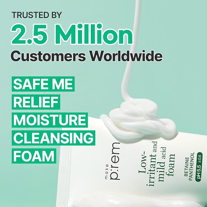 MAKE P:REM Safe Me. Relief Moisture Cleansing Foam, Delicate Eye-Friendly Face Wash for Sensitive Skin, pH Balanced Deep Pore Cleansing, Korean Skin Care, 5.07 Fl Oz, 150ml