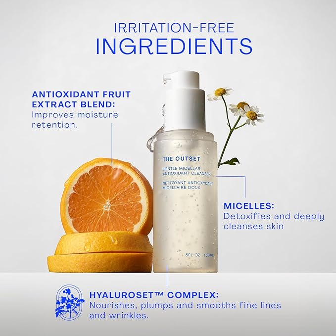 The Outset Micellar Gel Face Cleanser, Gentle Face Wash & Makeup Remover, Hydrating Facial Cleanser for Sensitive Skin, Fragrance-Free, Vegan Clean Skincare for Dry & All Skin Types, 5 fl oz