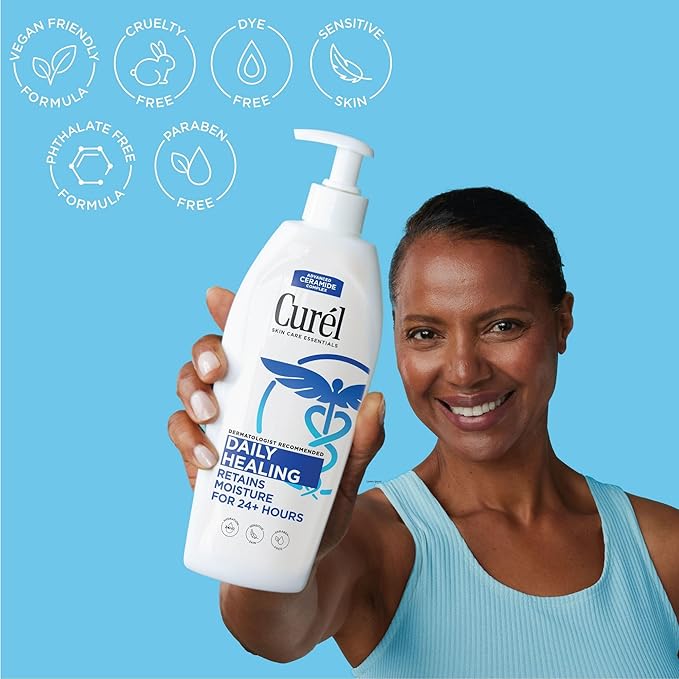 Curel Daily Healing Body Lotion for Dry Skin, Dermatologist Recommended Hydrating Body Lotion with Advanced Ceramides Complex, 20 Oz, Pack of 4