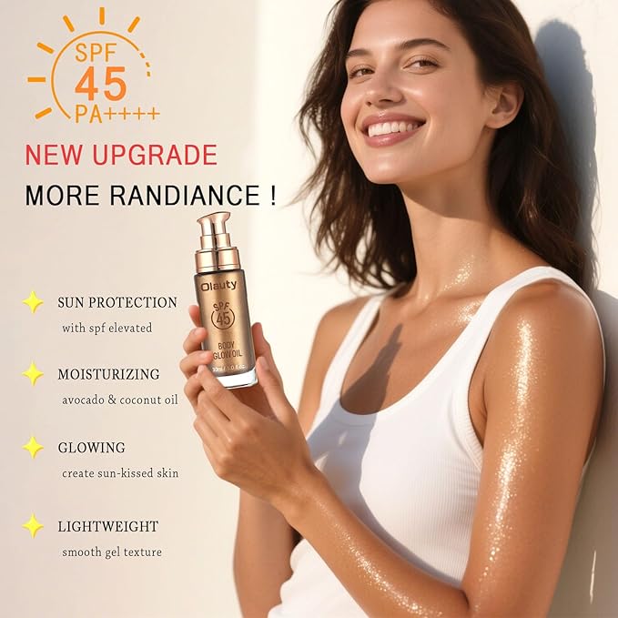 Shimmer Oil, SPF 45 Sunscreen Body Makeup Waterproof No Transfer Body Luminizer Lotion Glow for Women, Liquid Illuminator Bronzer, Long-lasting, Radiance Skin (01#Rose Gold)