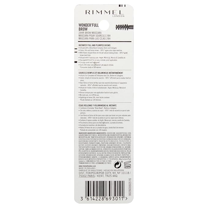 Rimmel London Wonder'Full 24HR Eyebrow Mascara, Long-Wearing, Waterproof, Smudge-Proof, 002, Medium Brown, 0.04oz