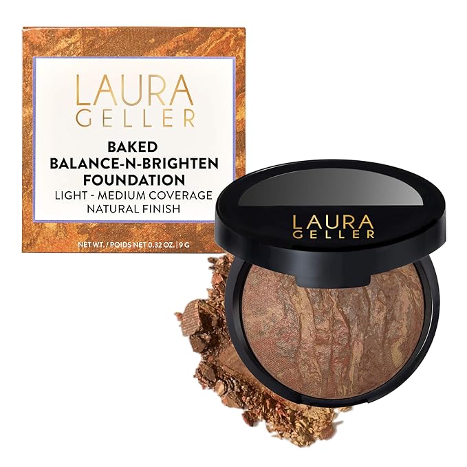 LAURA GELLER NEW YORK Award-Winning Baked Balance-n-Brighten Color Correcting Powder Foundation - Deep - Buildable Light to Medium Coverage - Demi-Matte Natural Finish