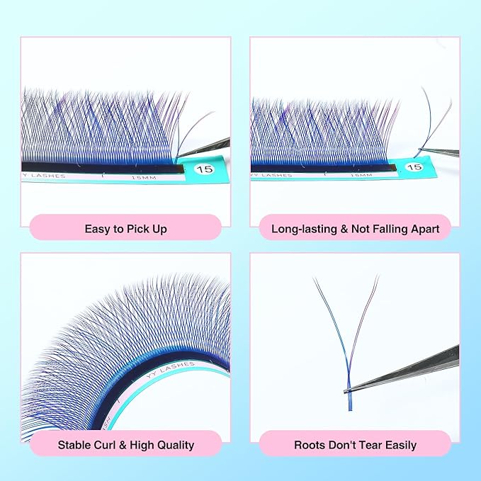 VAVALASH YY Lash Extensions Blue + Purple Color Tray Easy Premade Volume 2D Fans Eyelash Extension YY Type Natural Volume Lashes Extension Soft Matte Black Lashes (Blue + Purple-YY-0.07-D-8-15mm)