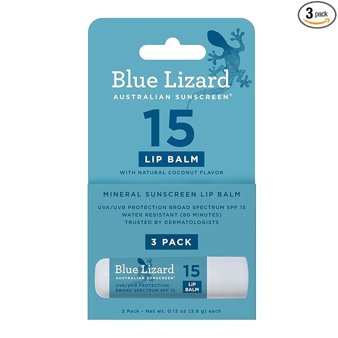 BLUE LIZARD Mineral SPF 15 Lip Balm, 3-Pack: Broad Spectrum Sun Protection, Natural Coconut Flavor, 8 Natural Oils, Infused with Australian Kakadu Plum, Rich in Vitamin C, Vegan, Each Tube 0.13 oz.