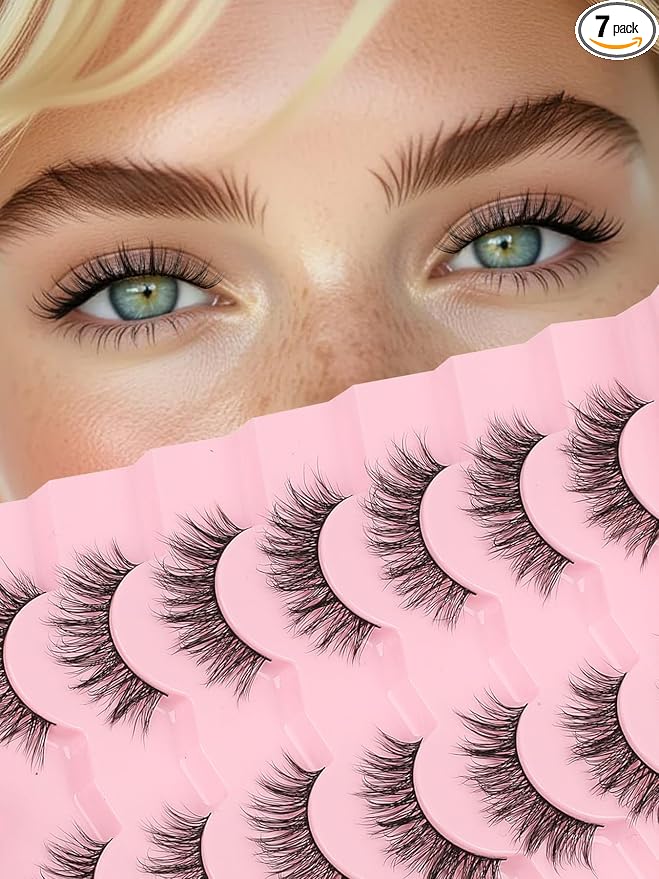 Wispy Lashes False Eyelashes 16mm Strip Lashes Fluffy Eyelashes C Curl Lash Strips Fake Eyelashes Natural with 0.1MM Thin Cotton Band Siligli 3D Volume Eyelash Pack 7 Pair