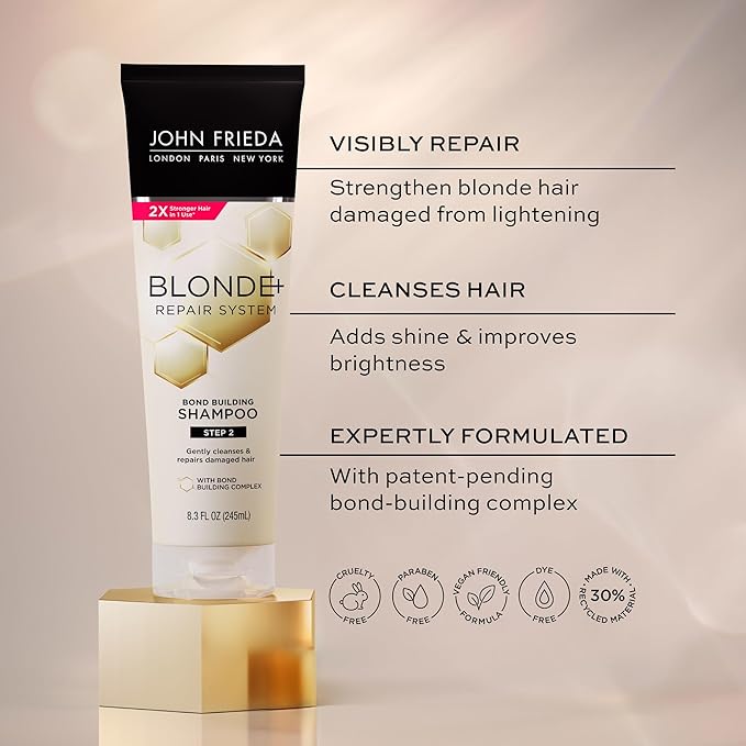 John Frieda Blonde+ Hair Repair System, Shampoo with Bond Building Complex, Gently Cleanses and Repairs Damaged Hair, Step 2 of Hair Repair System, 8.3 Oz
