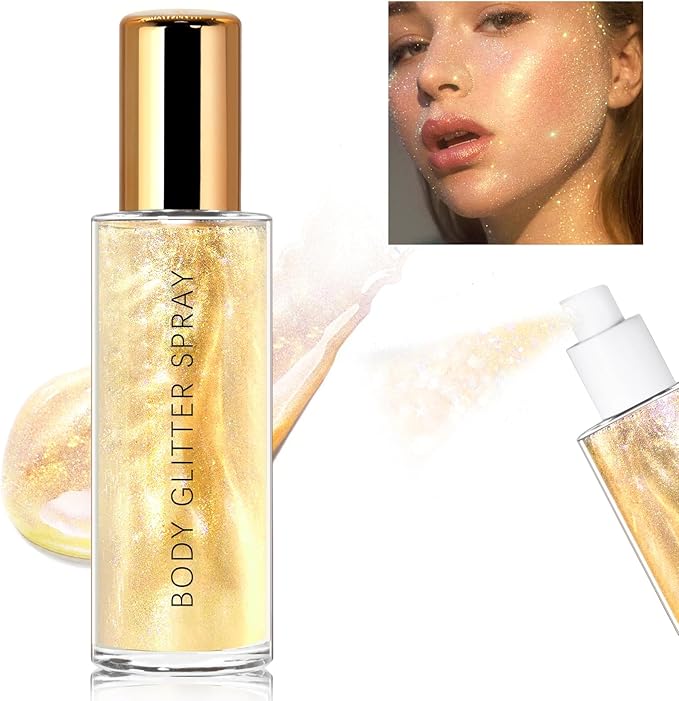 HOSAILY Body Glitter Spray, Holographic Body Shimmer Quick-Drying and Non-Sticky Duochrome Glitter Hairspray for Face Clothes, Sparkle Highlighter Makeup Festival Rave Accessories, Gold