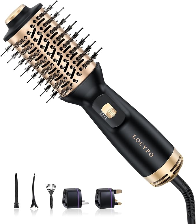 Travel Blow Dryer Brush, 4-in-1 Auto Dual Voltage (120-240V) Hot Air Brush, 2 Inch Mini Hair Dryer Brush & Styler for Voluminous Smooth Hair, Lightweight with EU/UK Plug for Home & Salon(Gold)