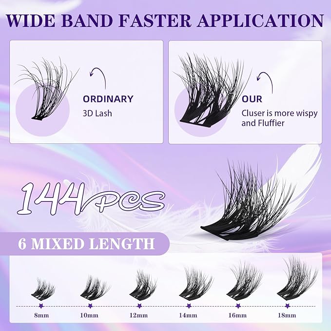 B&Q Flora Lash Clusters Kit Feath5D Wispy Lashes Clusters Wide Band Full Cluster Eyelash Extensions C Curl 8-18Mix Feather Light Medium Volume Fluffy Eyelash Clusters Kit for Wispy Look（Feath5D01 Kit）