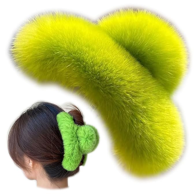 YOYLMAL Large Faux Fur Hair Claw Clip for Women, 5.1 Inches Winter Fluffy Fuzzy Hair Clips, Nonslip Strong Hold Furry Big Jaw Clamp for Thick Long Hair (Light Green)